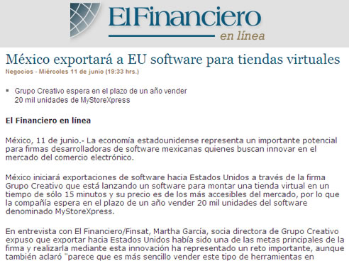 Software para Tienda Virtual Mystore Xpress en el peri&oacute;dico El Financiero