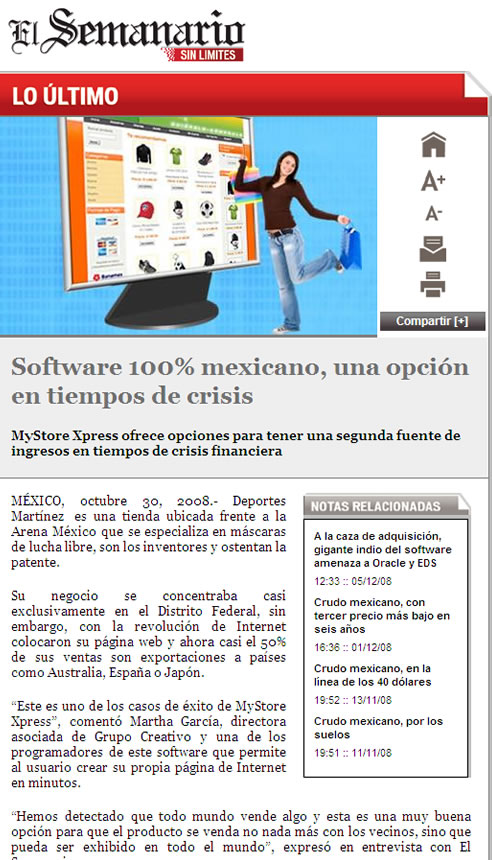 Software para Tienda Virtual Mystore Xpress en el peri&oacute;dico El Semanario